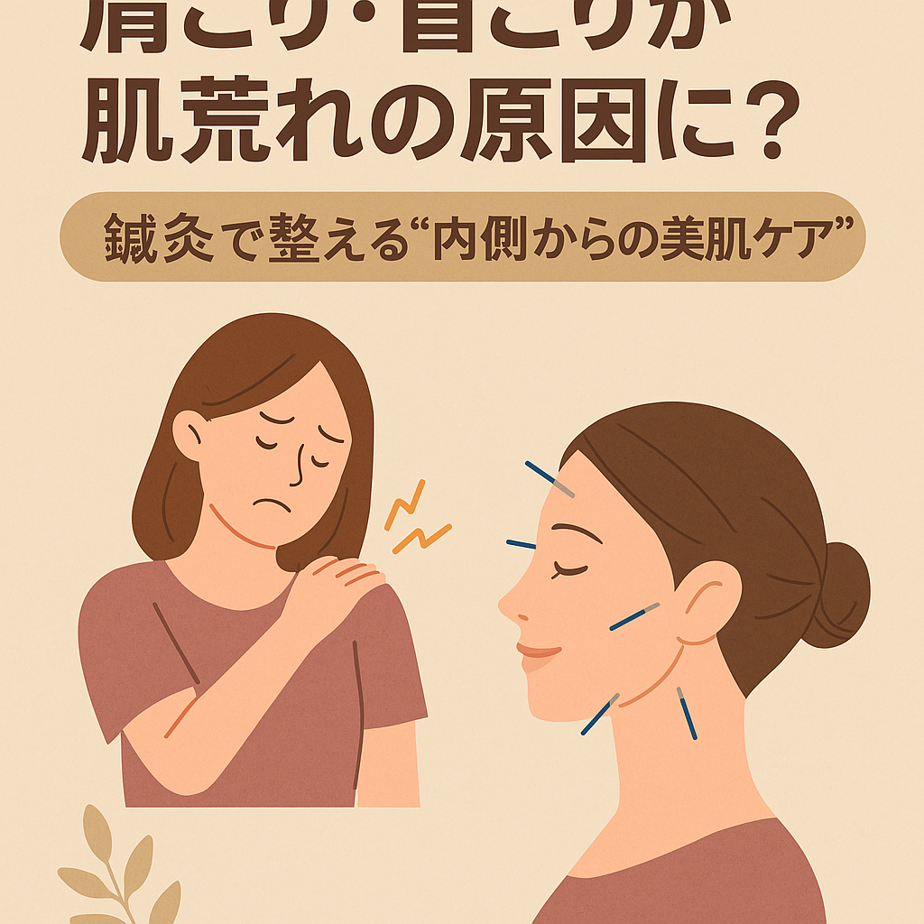 肩こり・首こりによる肌荒れを鍼灸でケアする様子を描いた日本語の宣伝イラスト。浜松市の美容鍼灸院による内側からの美肌ケアを紹介