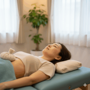 鍼灸院の施術ベッドで美容鍼と全身の鍼治療を受けながら、穏やかに目を閉じリラックスしている女性の様子。