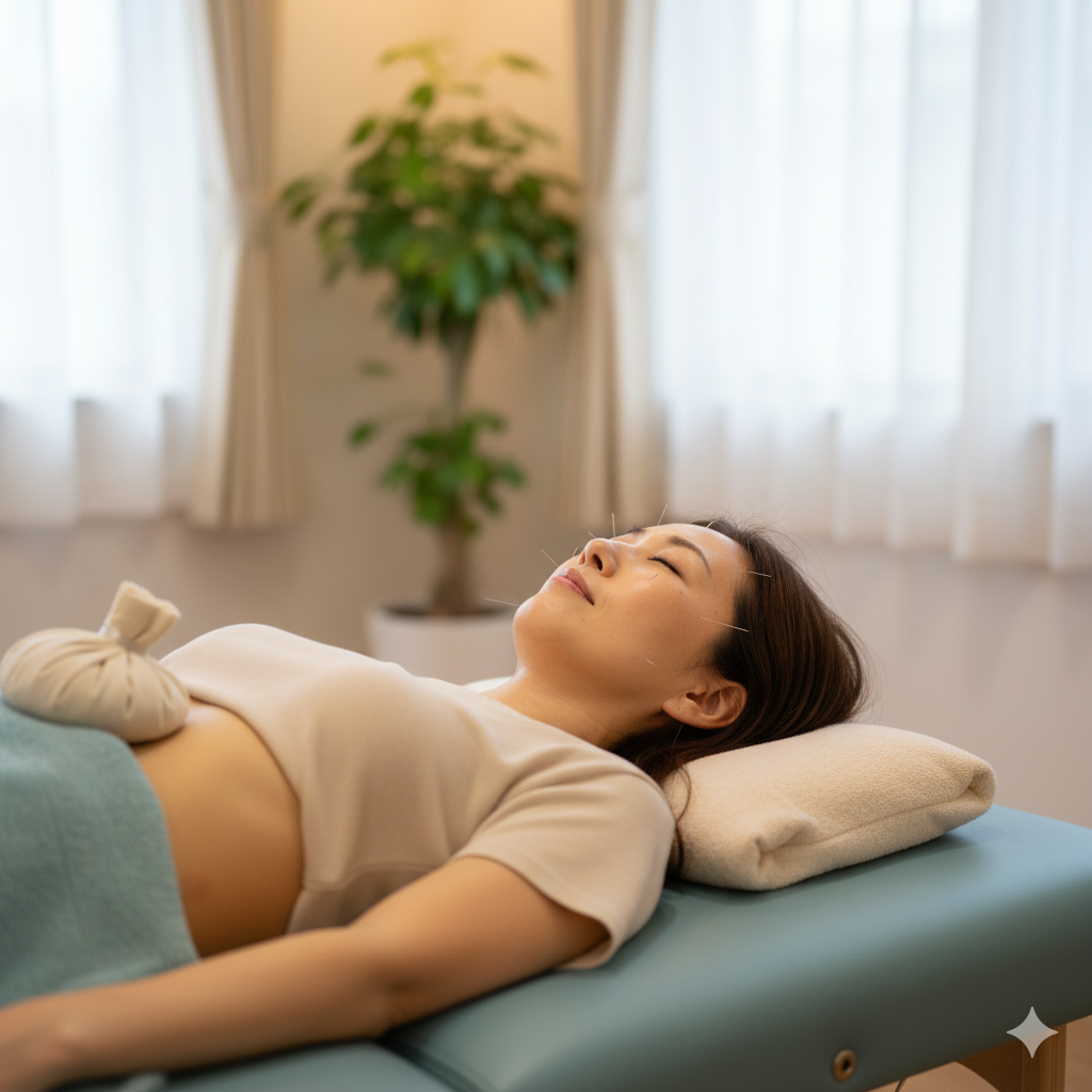 鍼灸院の施術ベッドで美容鍼と全身の鍼治療を受けながら、穏やかに目を閉じリラックスしている女性の様子。