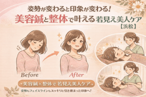 姿勢の変化で若々しい印象になる様子を描いた美容鍼×整体の日本語広告イラスト。猫背で疲れて見える女性のBeforeと、姿勢が整い笑顔になったAfter、さらに美容鍼と整体を受けている女性のシーンがあり、「姿勢が変わると印象が変わる！美容鍼と整体で叶える若見え美人ケア【浜松】」というタイトルが入っている。