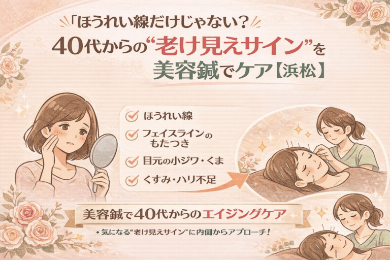 40代女性のほうれい線やたるみ・目元の小ジワなど“老け見えサイン”を気にする様子と、美容鍼施術でリフトアップケアを受けているシーンを描いた日本語の美容鍼広告イラスト。