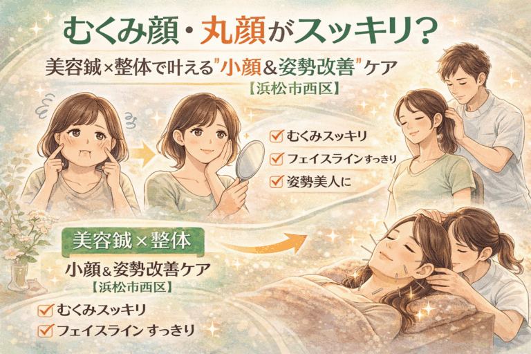 むくみ顔・丸顔を美容鍼×整体で小顔と姿勢改善へ導く浜松市西区の広告イラスト。むくみが気になる女性のBefore・Afterと、美容鍼施術・整体施術のシーンが描かれている。