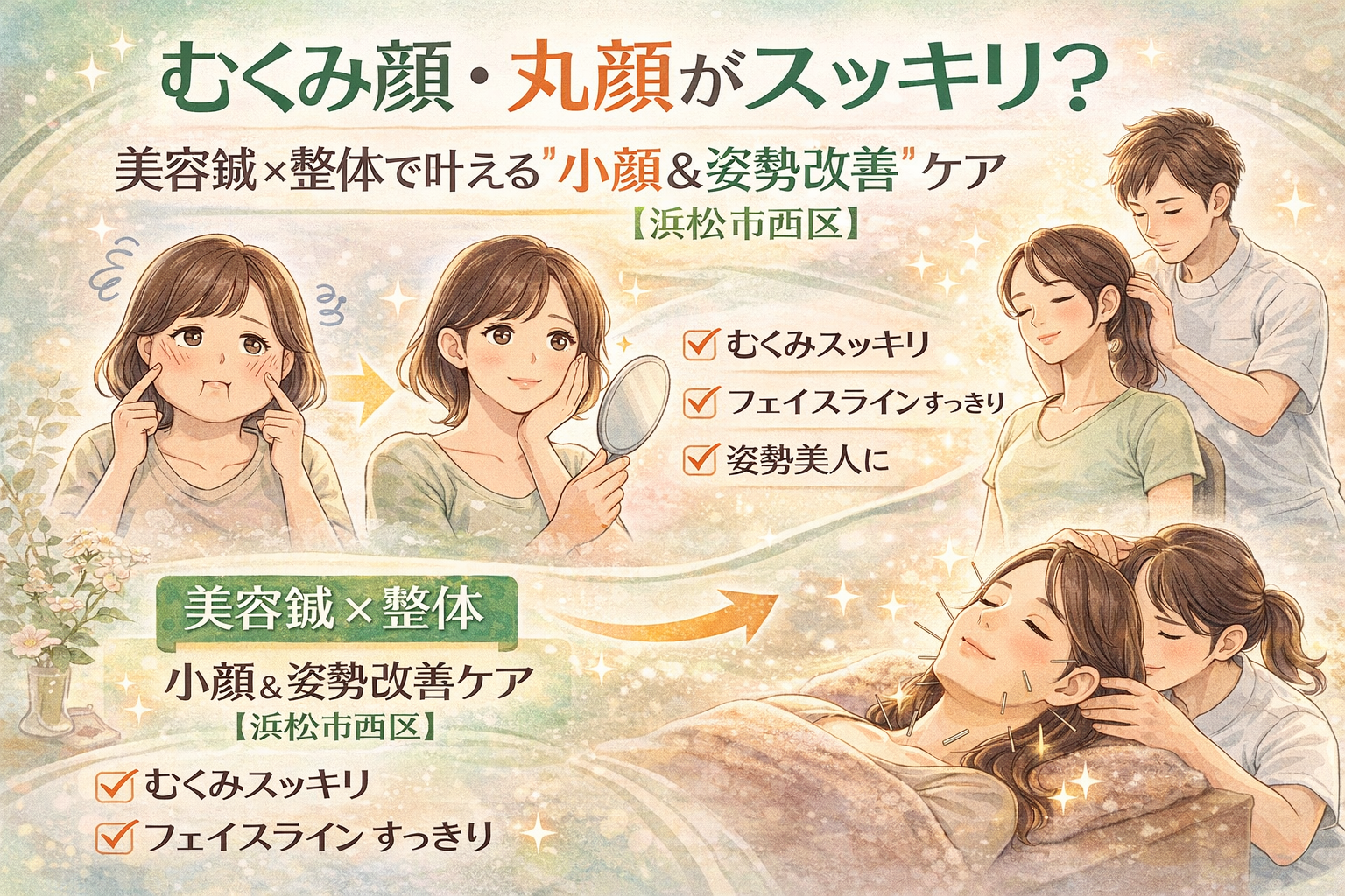 むくみ顔・丸顔を美容鍼×整体で小顔と姿勢改善へ導く浜松市西区の広告イラスト。むくみが気になる女性のBefore・Afterと、美容鍼施術・整体施術のシーンが描かれている。