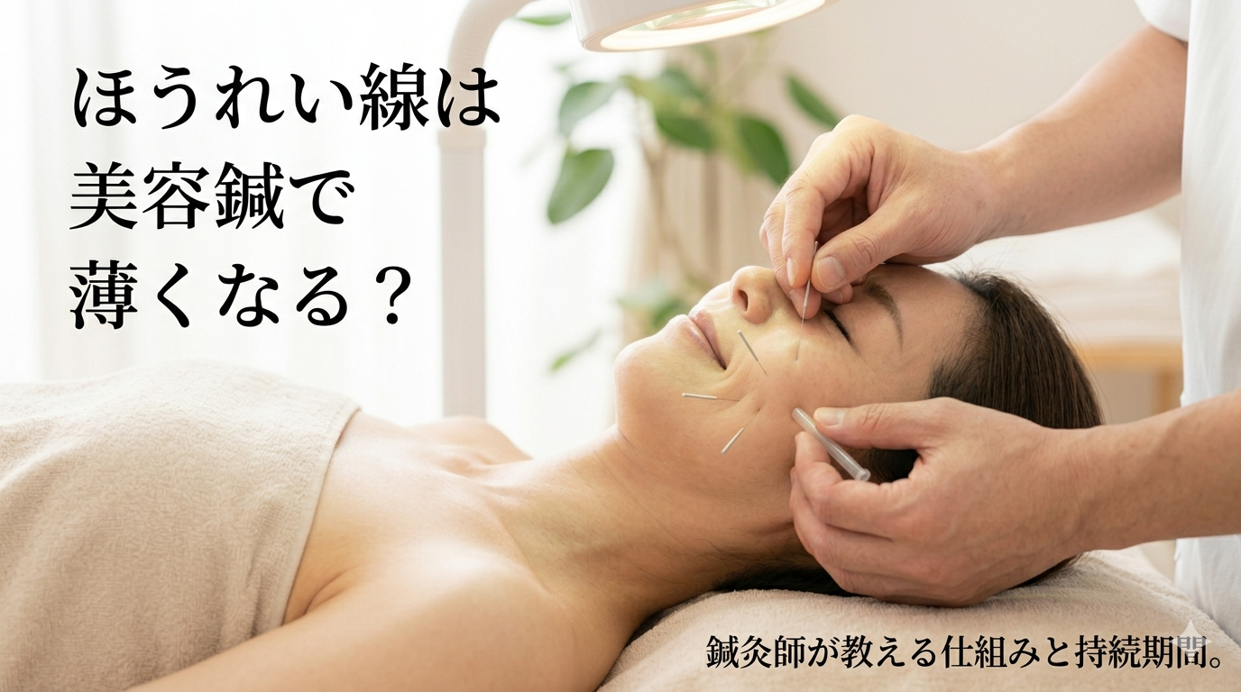 静岡県浜松市のあつみ鍼灸治療院にて、国家資格を持つ鍼灸師が40代女性の右頬（ほうれい線付近）に優しく美容鍼を打っている手元のクローズアップ写真。清潔な院内環境と、リラックスした患者の様子。