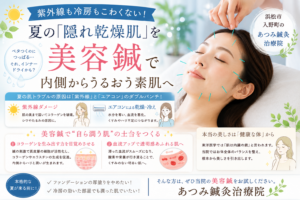 夏の紫外線やエアコンによるインナードライ（隠れ乾燥）をテーマに、美容鍼で内側から潤う素肌づくりを提案している浜松市入野町「あつみ鍼灸治療院」のブログアイキャッチ画像