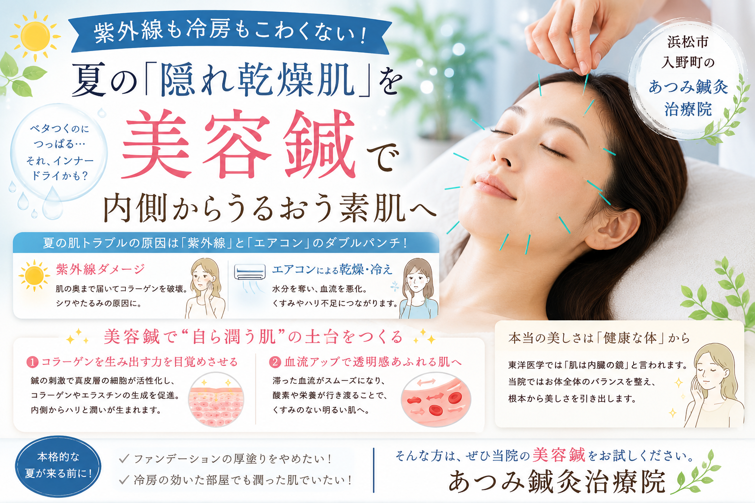 夏の紫外線やエアコンによるインナードライ（隠れ乾燥）をテーマに、美容鍼で内側から潤う素肌づくりを提案している浜松市入野町「あつみ鍼灸治療院」のブログアイキャッチ画像