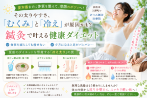 夏前のダイエットで痩せにくい原因となる「むくみ」と「内臓の冷え」をテーマに、鍼灸による体質改善と健康的なダイエットを紹介している浜松市入野町「あつみ鍼灸治療院」のブログアイキャッチ画像
