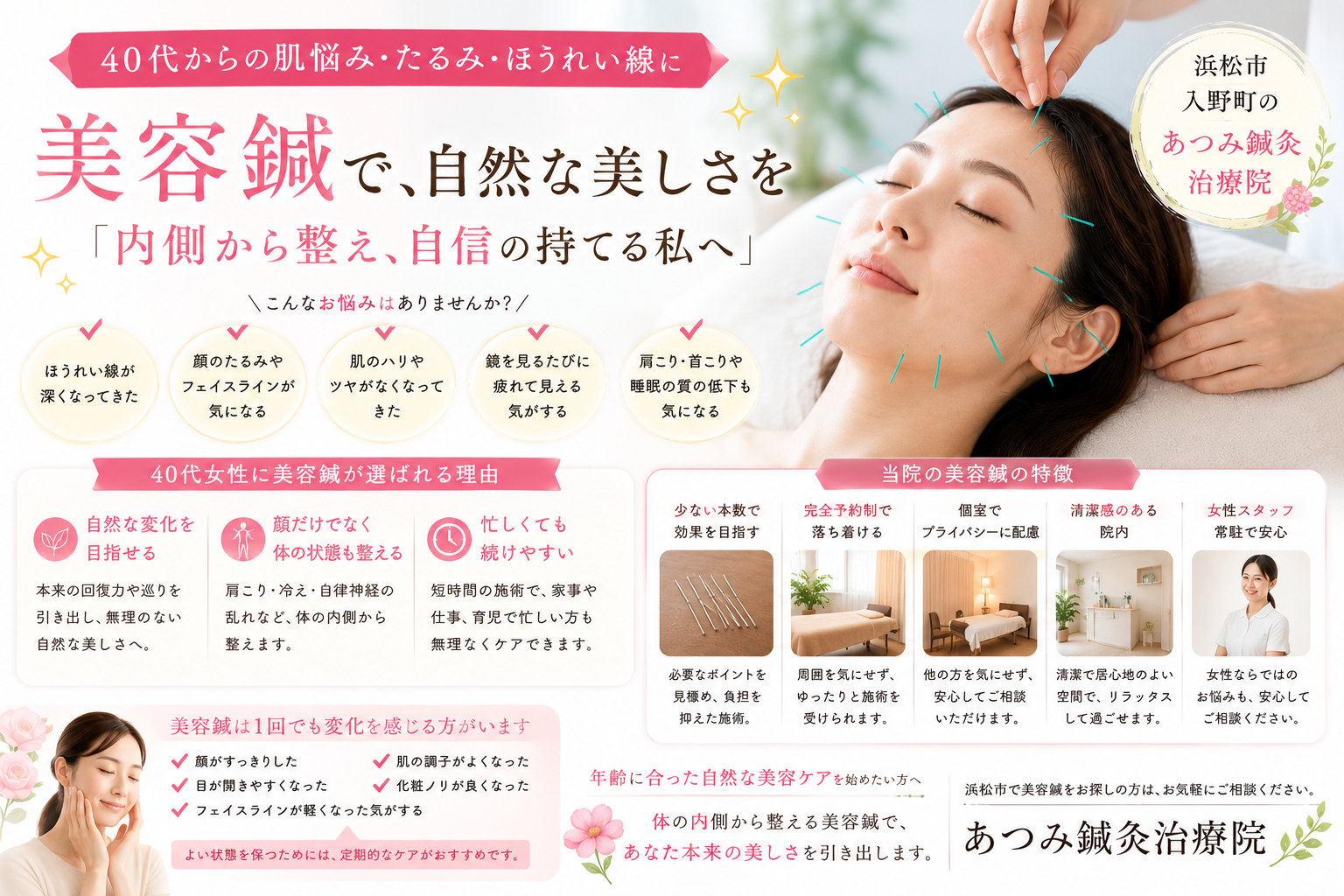 40代女性のほうれい線やたるみ、フェイスライン、肌のハリ不足などの悩みに対し、美容鍼で自然な美しさを目指す浜松市入野町「あつみ鍼灸治療院」のブログアイキャッチ画像