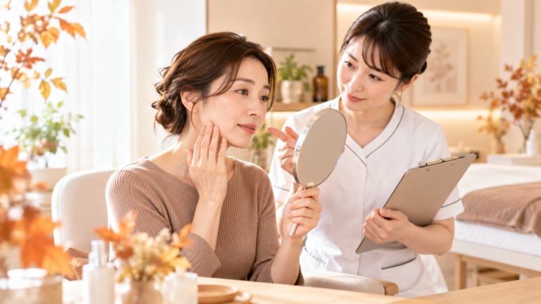 浜松市のあつみ鍼灸治療院で秋の顔のむくみやくすみについて美容鍼の相談をする40代女性