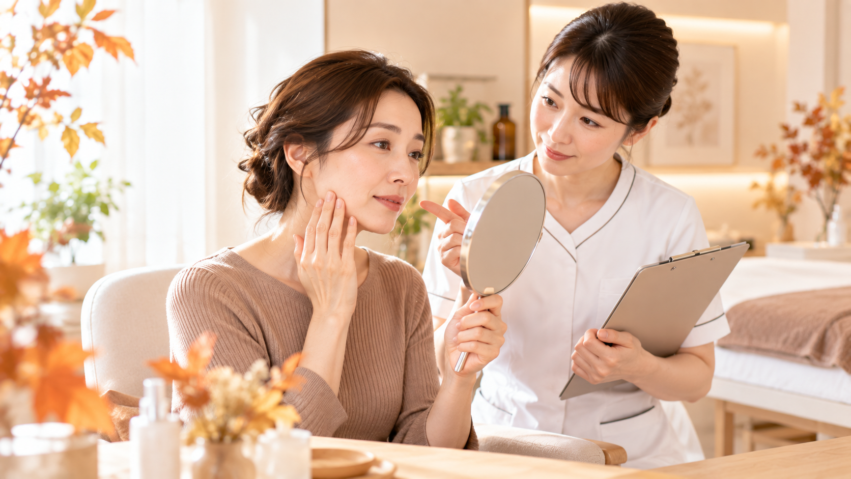 浜松市のあつみ鍼灸治療院で秋の顔のむくみやくすみについて美容鍼の相談をする40代女性